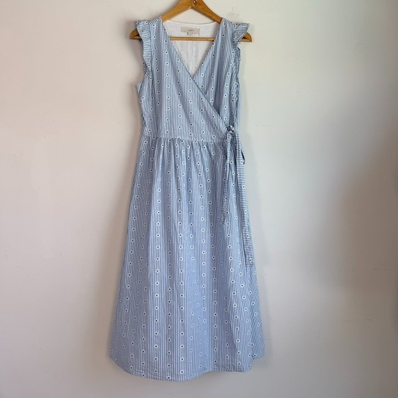 LOFT Dresses & Skirts - Loft Floral Striped Wrap Midi Dress Cotton Small Cottagecore Preppy Coquette